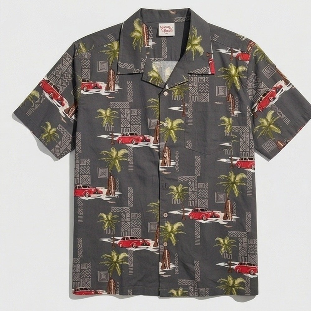 Barefoot In‎ Paradise Mens L Aloha Shirt Vintage Gray Tropical Surf Car Cotton